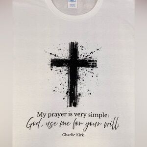 White Charlie Kirk Quote T-Shirt with Black Cross Design
